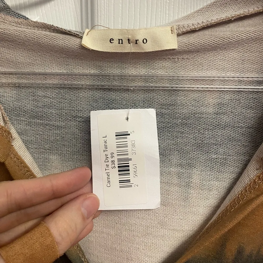NWT Entro Boutique Brand Camel Tie Dye Hooded Tunic Sweatshirt Size Large - Image 5
