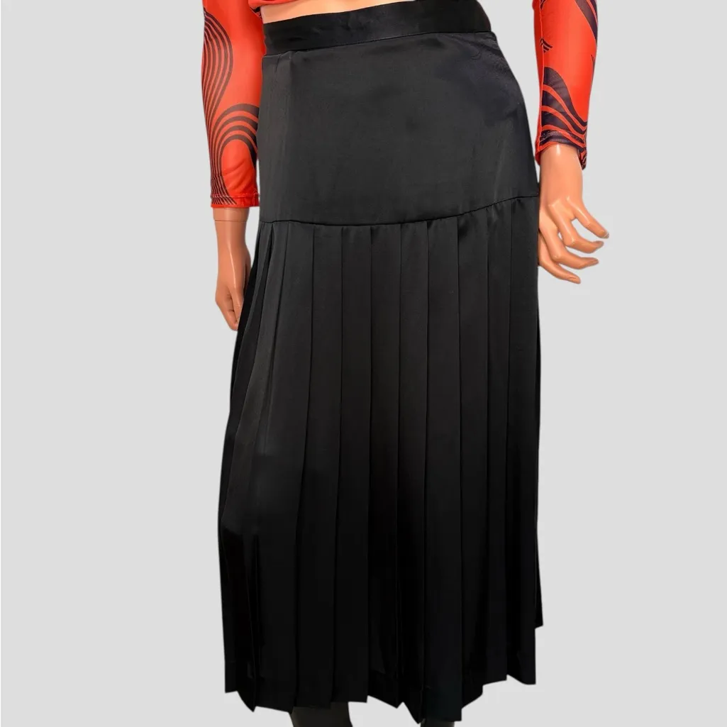 Liz Claiborne Drop Waisted Pleated Skirt Black Liquid Satin Goth Girl Neutral 10 - Image 2