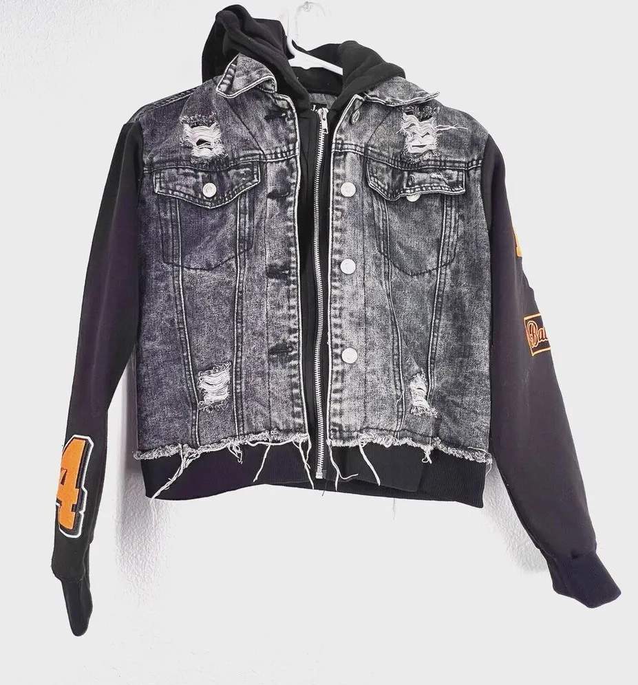 Thrill Jeans Black Wash Denim Hoodie Jacket Sz M Distressed Destroyed Shacket Size M - Image 1