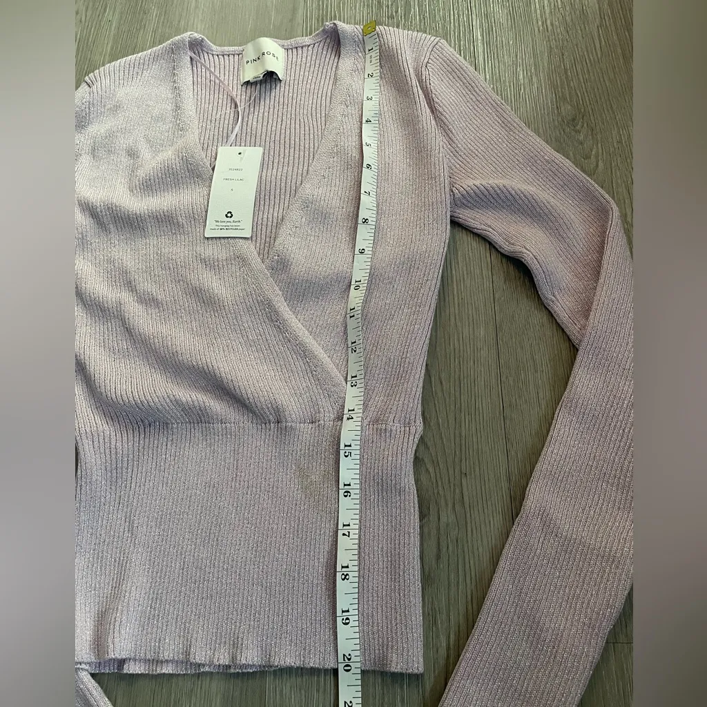 Pink Rose Shimmery Lilac Ribbed Wrap Long Sleeve Top – Size Small (NWT) - Image 4