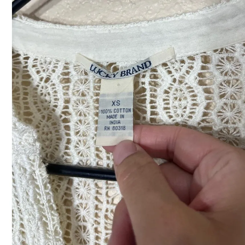 Lucky Brand White Crochet‎ Bell Sleeve Sheer Tie Waist Vintage Y2K Blouse XS - Image 7