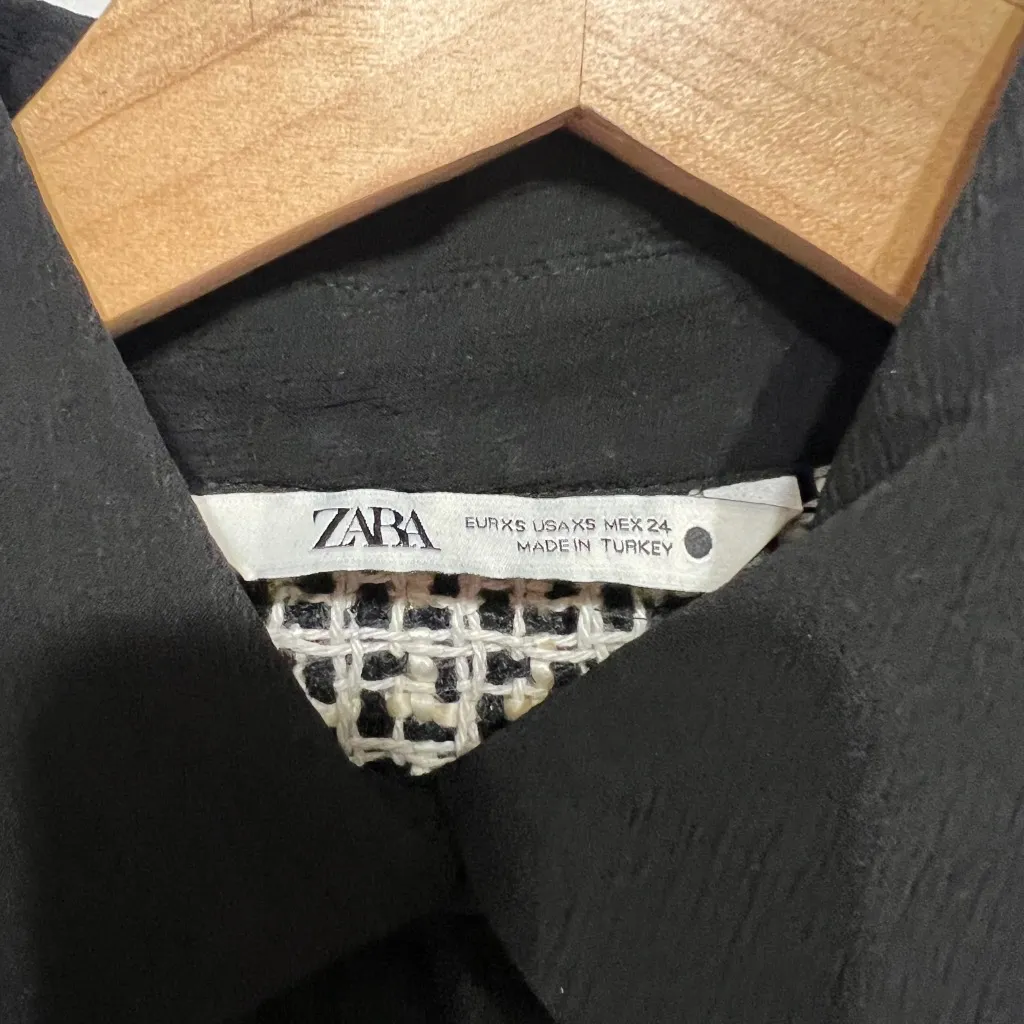 Zara Semi Sheer Chiffon Boucle Tweed Pocket Patchwork Button Front Blouse Shirt - Image 2