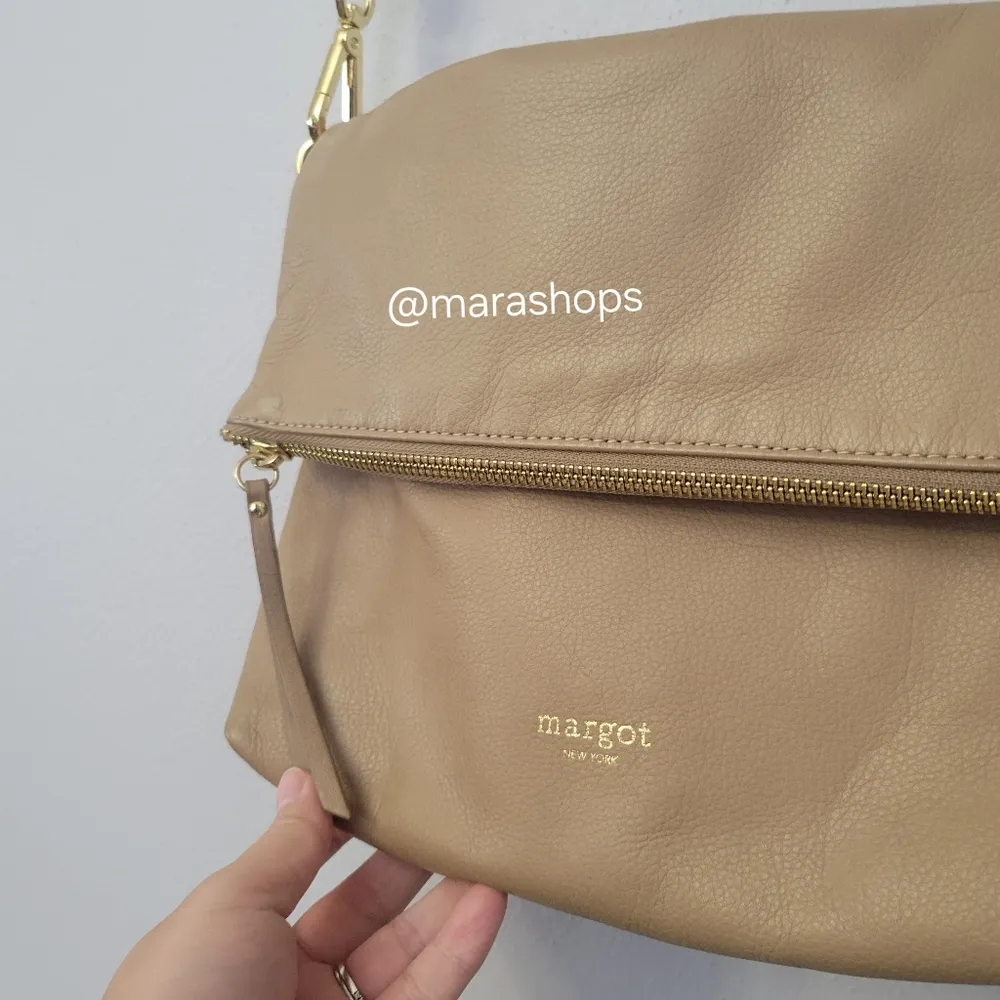 Margot Robbie Fold Over Taupe Leather Crossbody Bag - Image 3