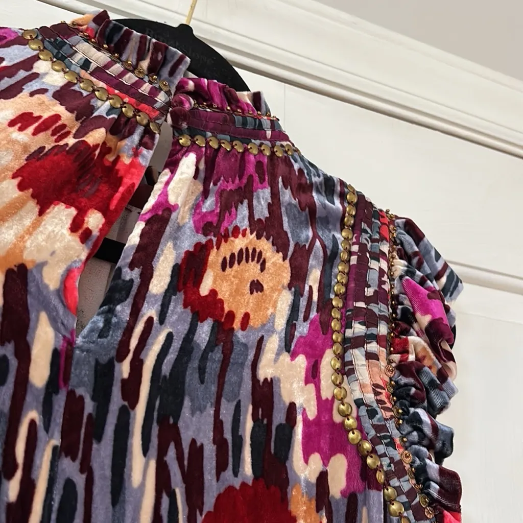 Ulla Johnson Velvet Penny Mini Dress Multi Studded Ruffle Flutter Tassled Size 6 - Image 13