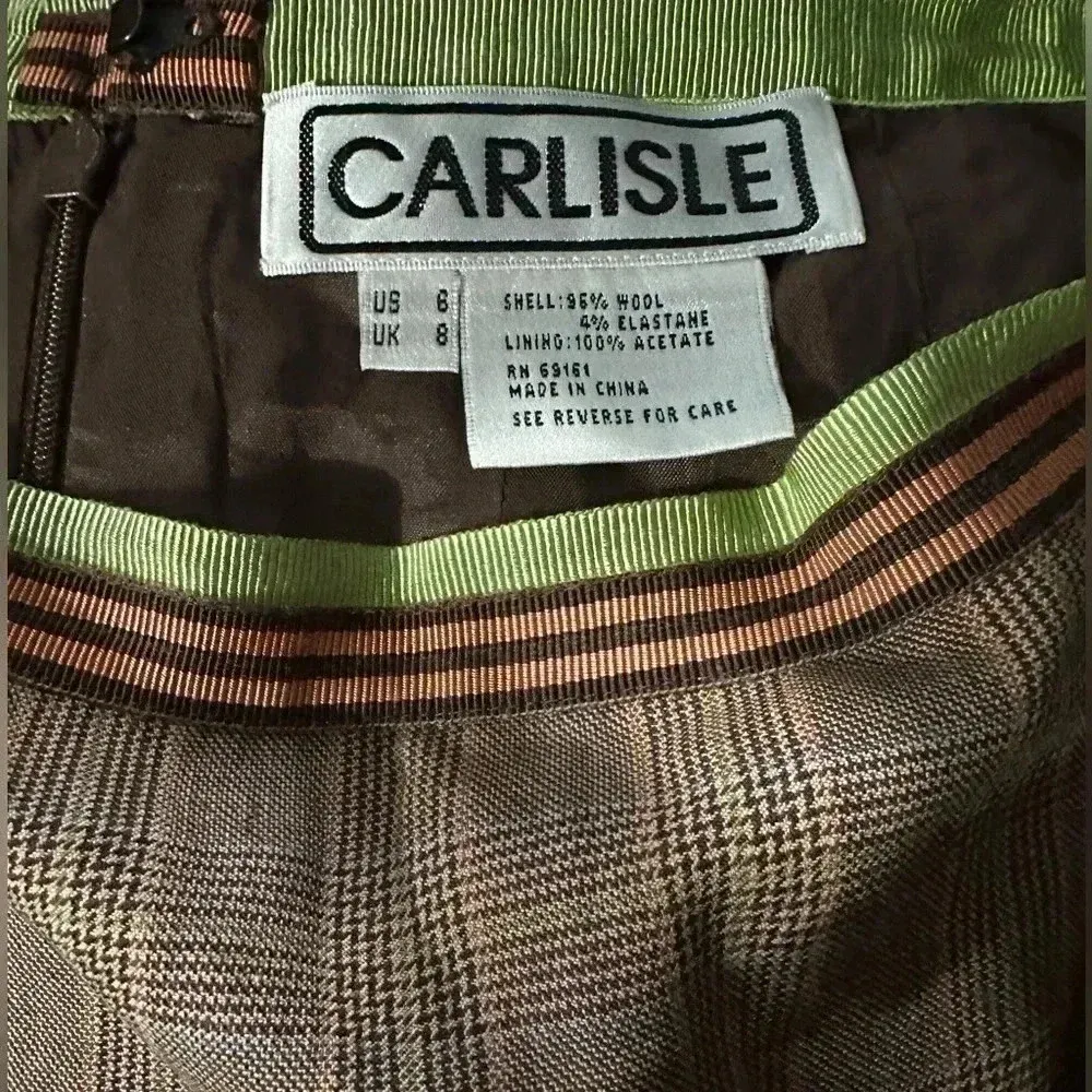 Vintage Carlisle Felicity Wool Brown Orange Plaid Ruffle Pencil Skirt Size 6 - Image 7