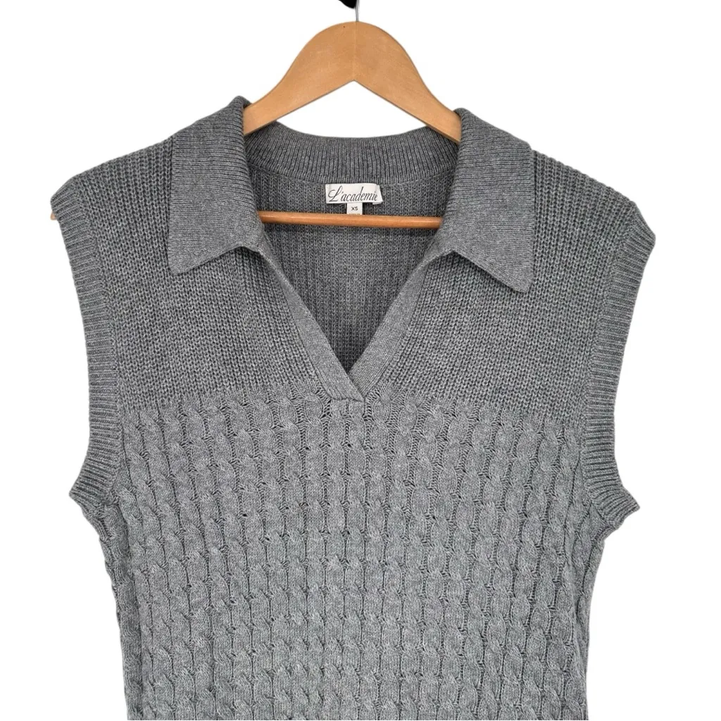 L’academie Grey Knit Collared Sweater Vest size XS Cotton Wool Blend Sleeveless - Image 2