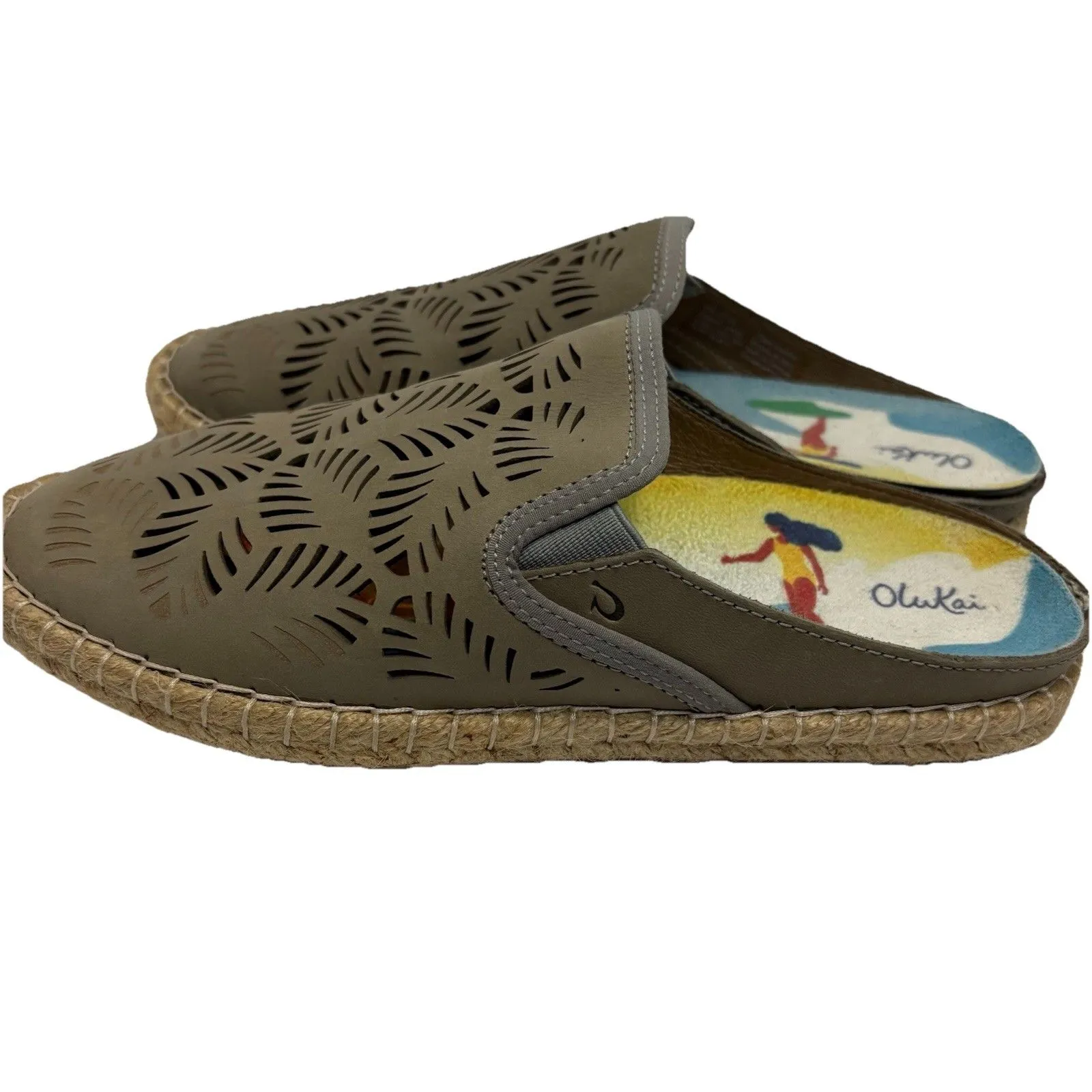 OluKai Kaula Olu Ili Shoes Size 7 Leather Espadrille Mule Tapa Tapa Perforated Tan - Image 3