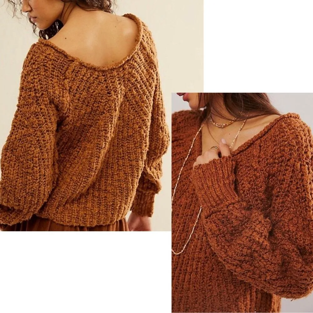 NEW Free People In A Swirl Chunky Pullover Sweater Cinnamon Brown Blouson Sleeve - Image 2