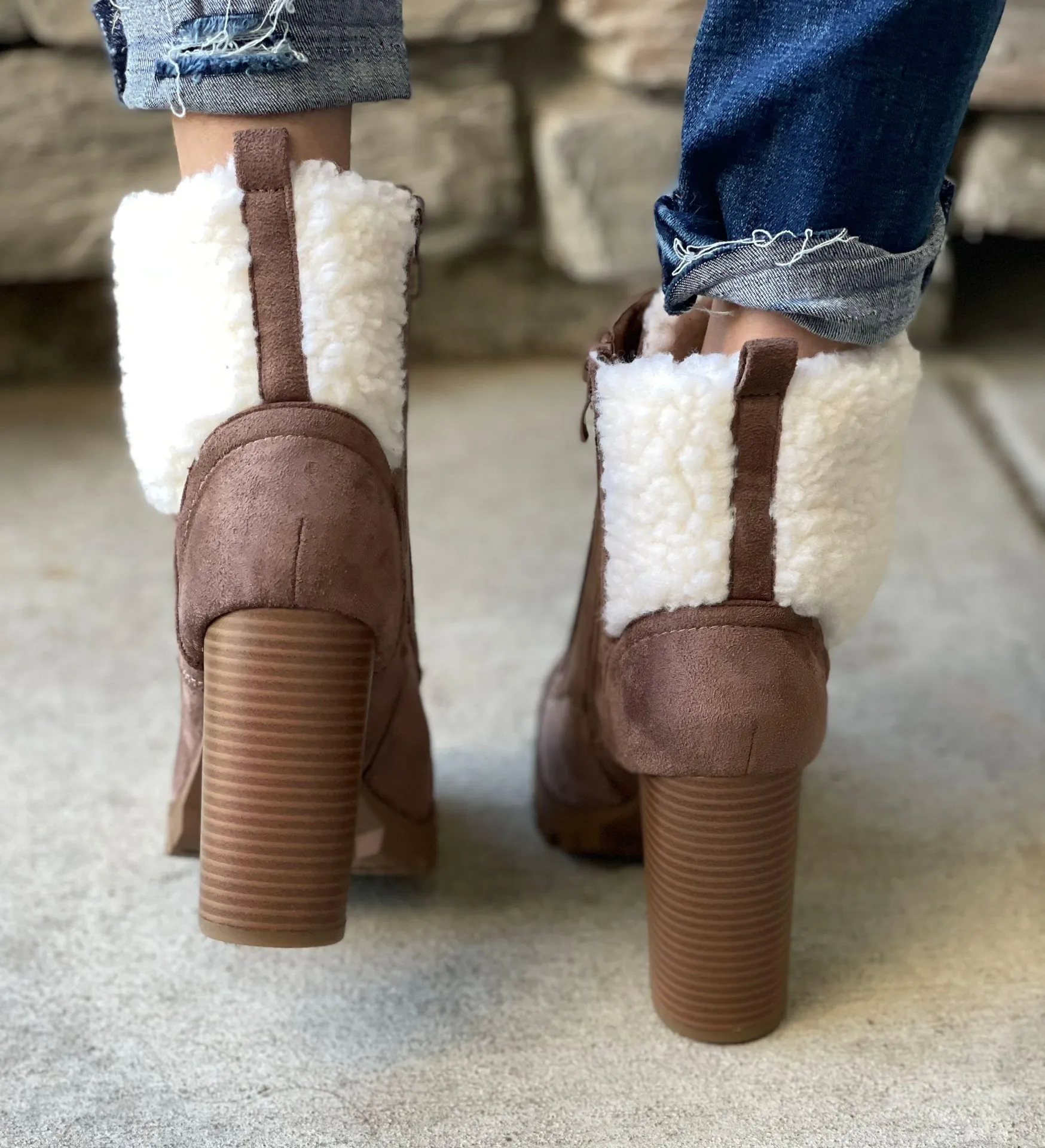 Tan Fleece Lug Sole ankle Bootie - Image 4