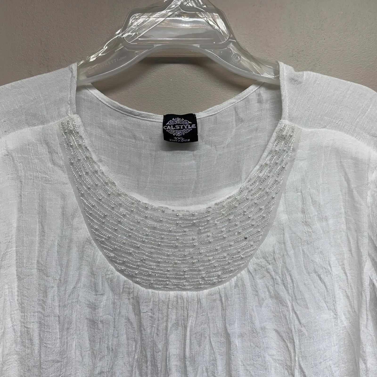 CALSTYLE White Beaded Neckline Tunic Top Plus Size 3XL Crinkle Gauze Ruffle Hem - Image 3