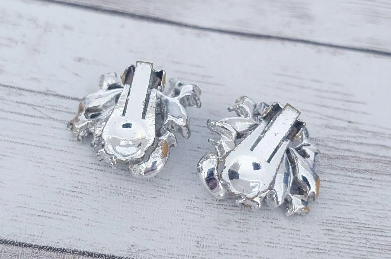 Vintage Clip On Earrings Silver Tone, Clear Gem - Image 6
