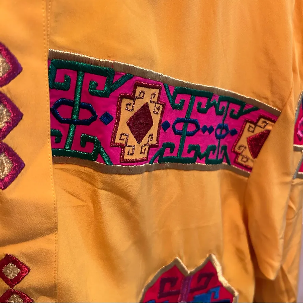 Rare Vintage 90s Adrianna Papell  Silk Jacket –Yellow + Navajo Embroidery – M - Image 10