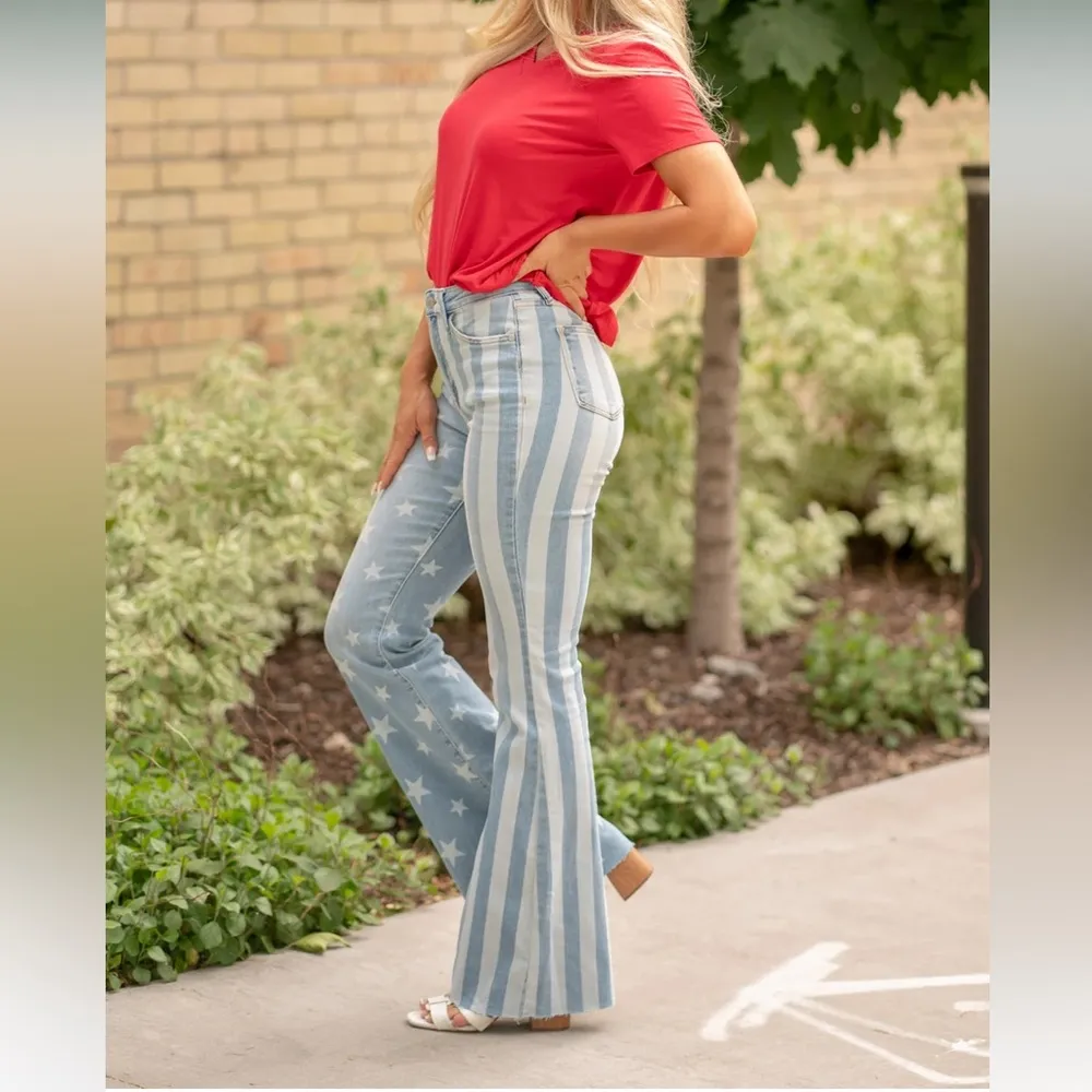 Womens Judy Blue Miss America Flag High Rise Flag Print Flare Jeans - Image 2