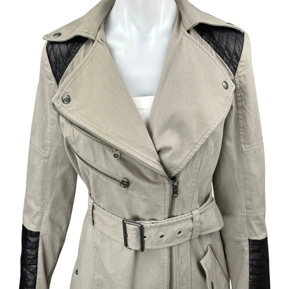Guess Women's Tan Leather Trim Long Sleeve Zip Up Belted Trench Coat Jacket Sz S - Image 3