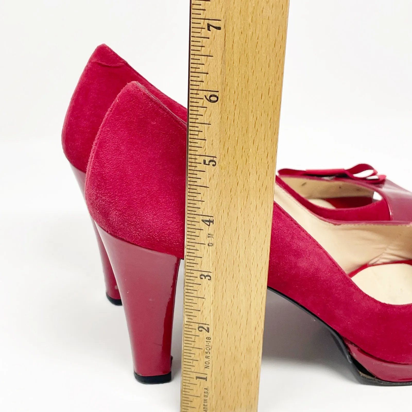 Vintage Beverly Feldman Red Suede Patent Leather Heels Pumps Size 39 Bows Spain - Image 5