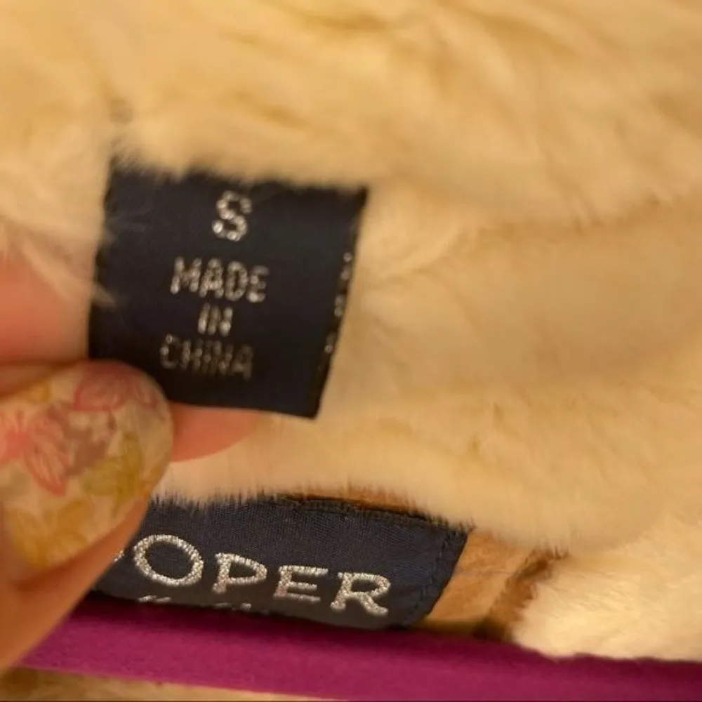 Copper collection leather faux fur lined jacket coat horn type buttons hooded sm Tan - Image 3