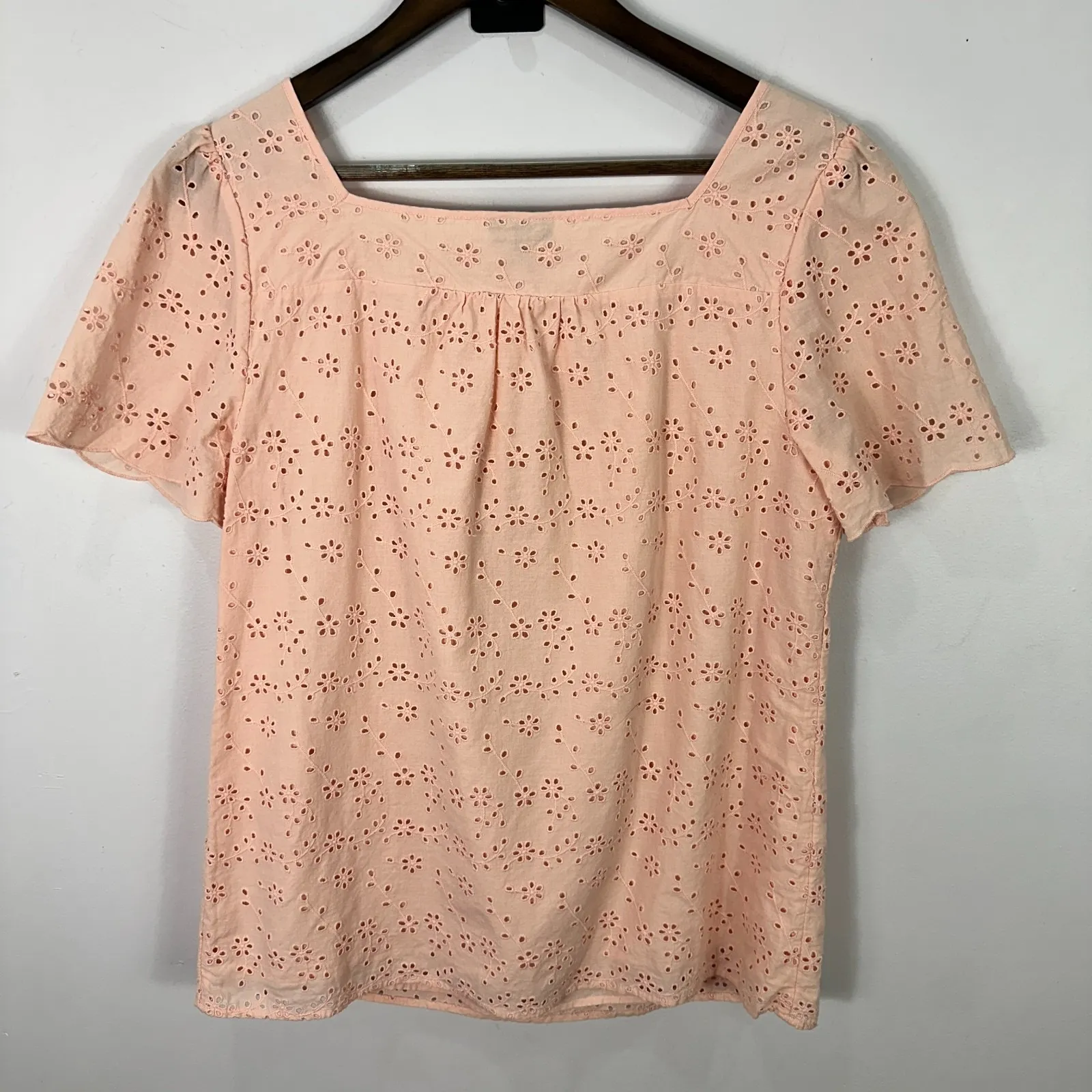 Talbots Top M  Pink Eyelet Cotton Square Neck Blouse Cottagecore Preppy Romantic - Image 3