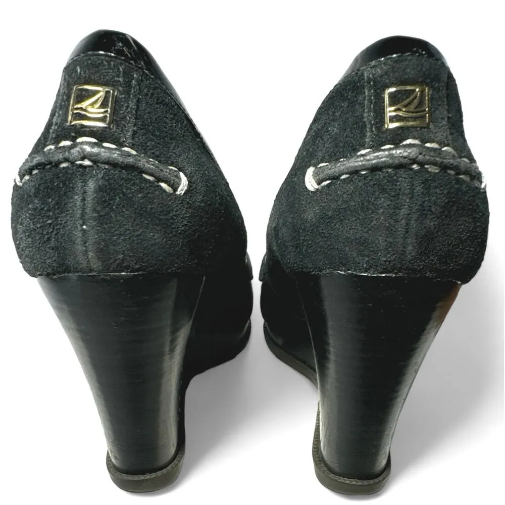 Sperry Black Suede Patent Leather Wedge Heels Women sz 8.5 - Image 6