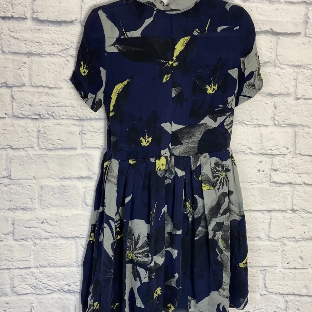 Parker Arcadia navy blue floral silk short sleeve shirt dress small - Image 5