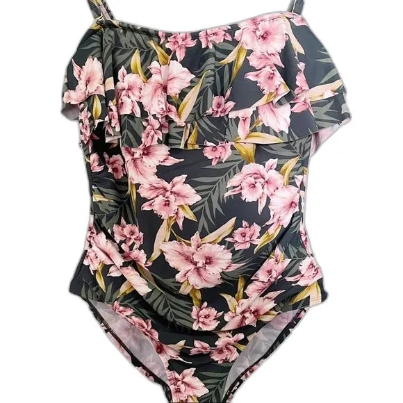 Kona Sol One Piece Ruffled Bathing Suit Tropical Print Swim Women’s Size Large - Image 4