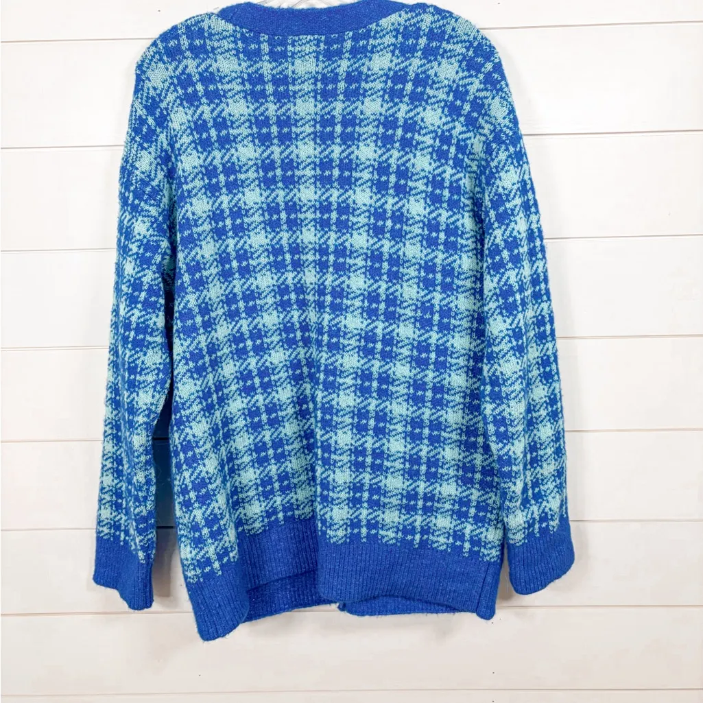 NEW Zara Plaid Blue Houndstooth Check Cardigan Sweater Pearl Buttons, Small - Image 2