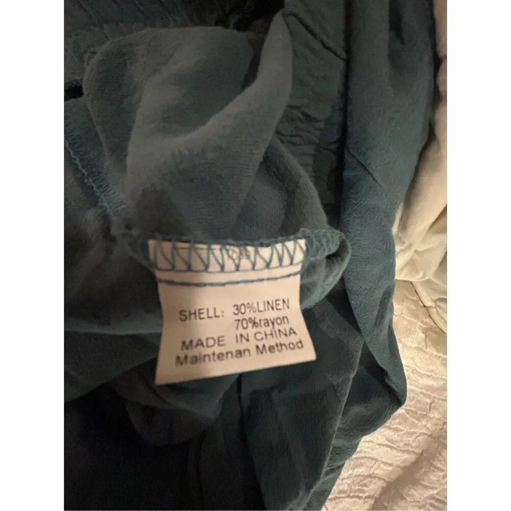 NEW Linen Blend Pants Crop Lined Relax Fit Baggy Trousers L Blue Size M - Image 3