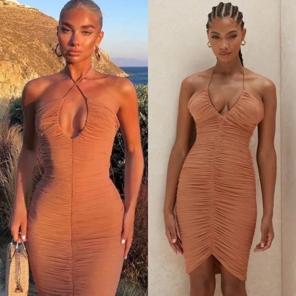 House of CB Tiarra Ruched Mesh Bodycon Dress Nude Tan XL - Image 2