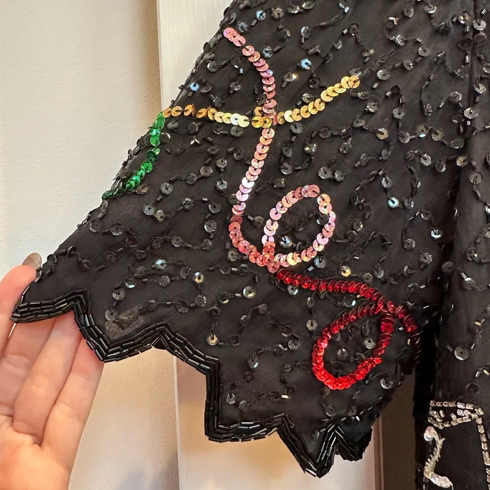 Vintage Laurence Kazar Silk Beaded Blouse Y2K 2000s Millennium New Years Size 1X - Image 10