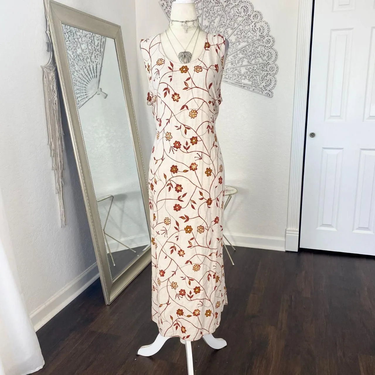 Vintage Boho Cottage Core Cream Tan Red Flower Floral Linen Midi Dress 20 W XXL Size 20W - Image 2