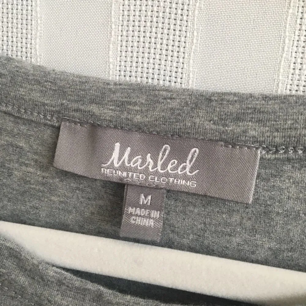 Marled Mixed Media Bell Sleeve Blouse Gray Medium Blue Pinstripe Top Cotton Gray - Image 3