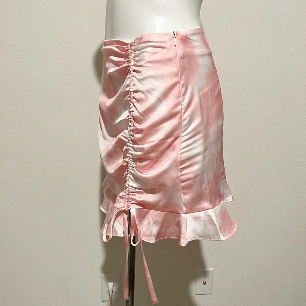 BP  ruffle hem rushed mini skirt MEDIUM Pink white tie dye coquette drawstring - Image 8