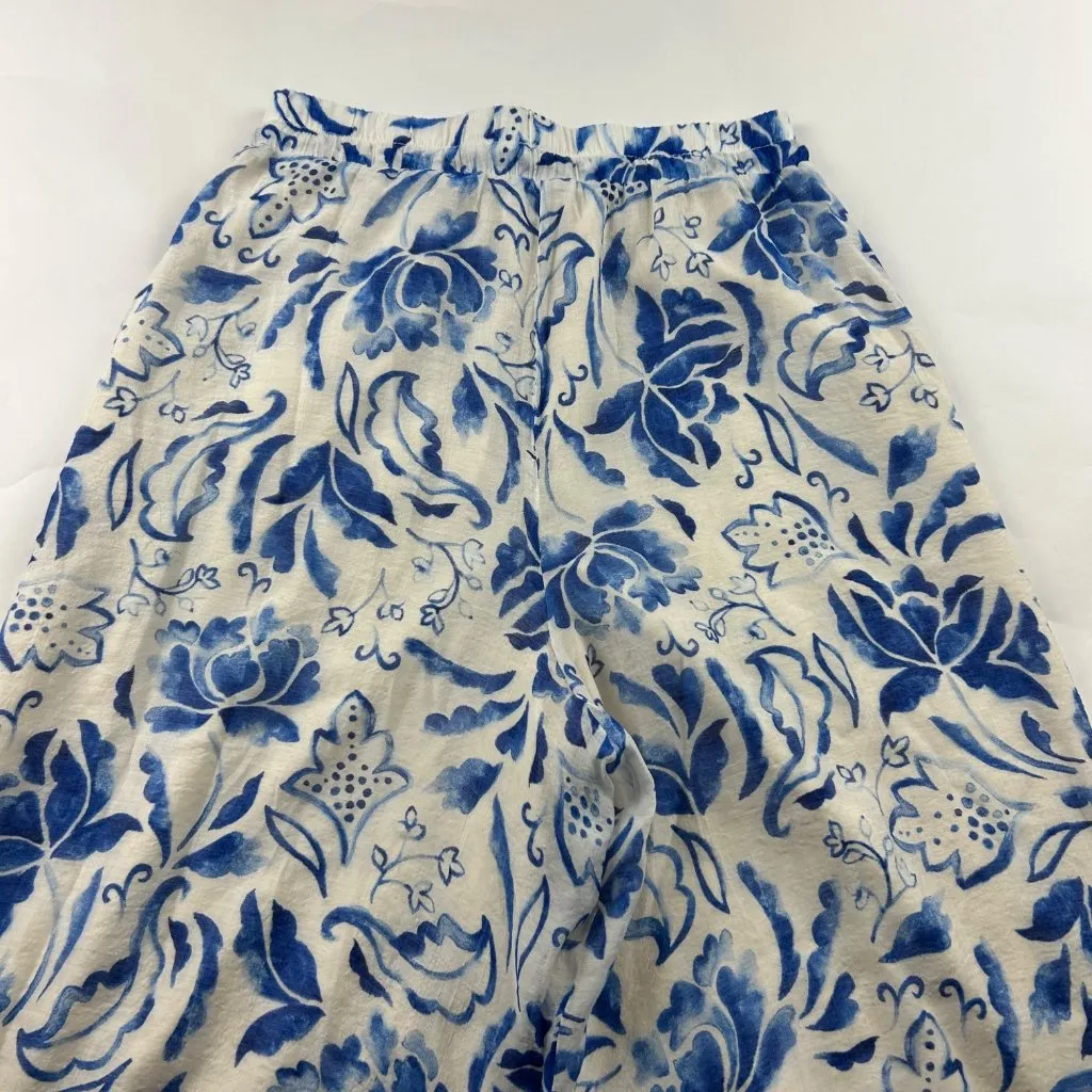 Vince Camuto Blue Cream Floral Stencil Print Crinkle Gauze Wide Leg Pant M - Image 7