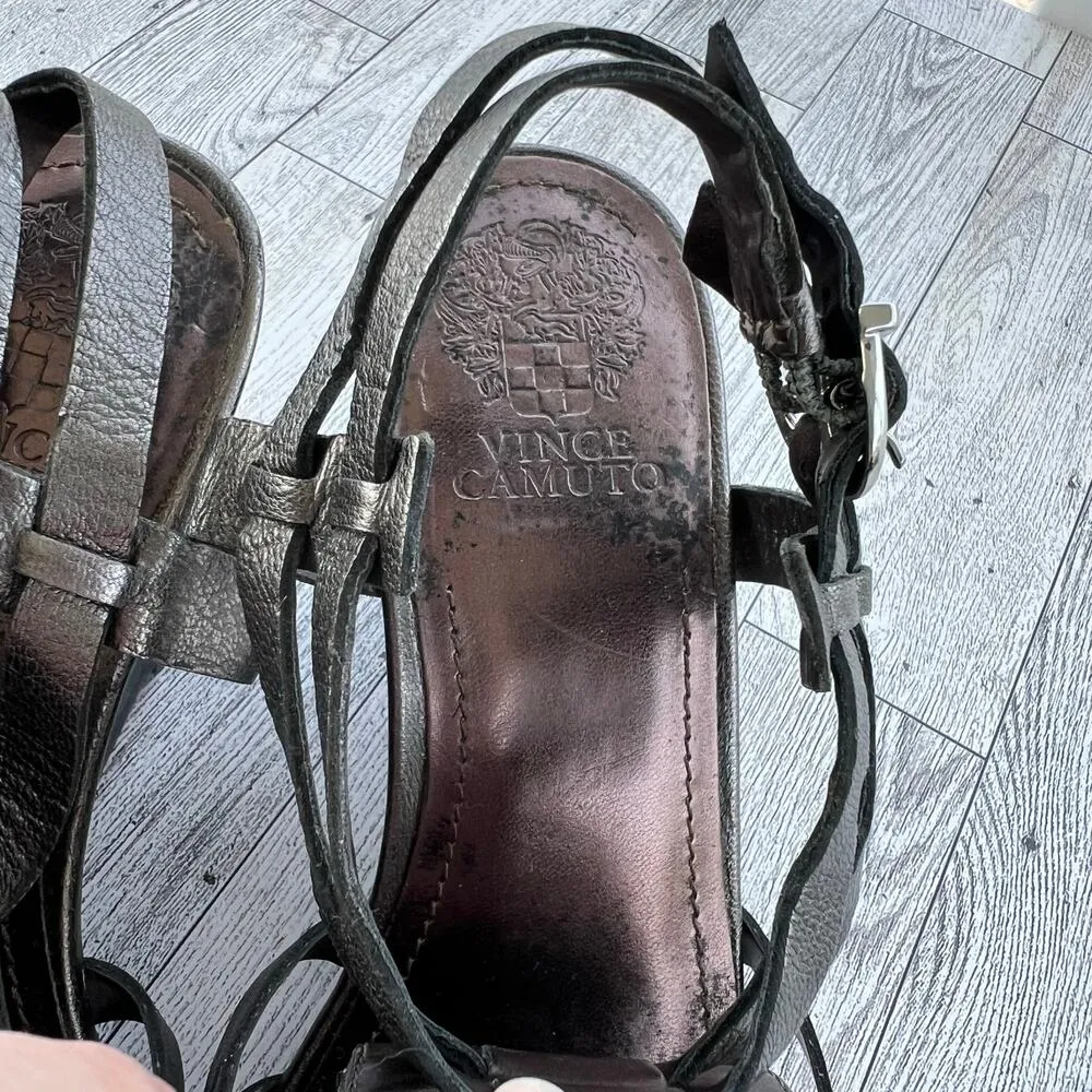 Vince Camuto Gladiator Wedge Sandals Gun Metal Embellished Size 8.5B Strappy - Image 8