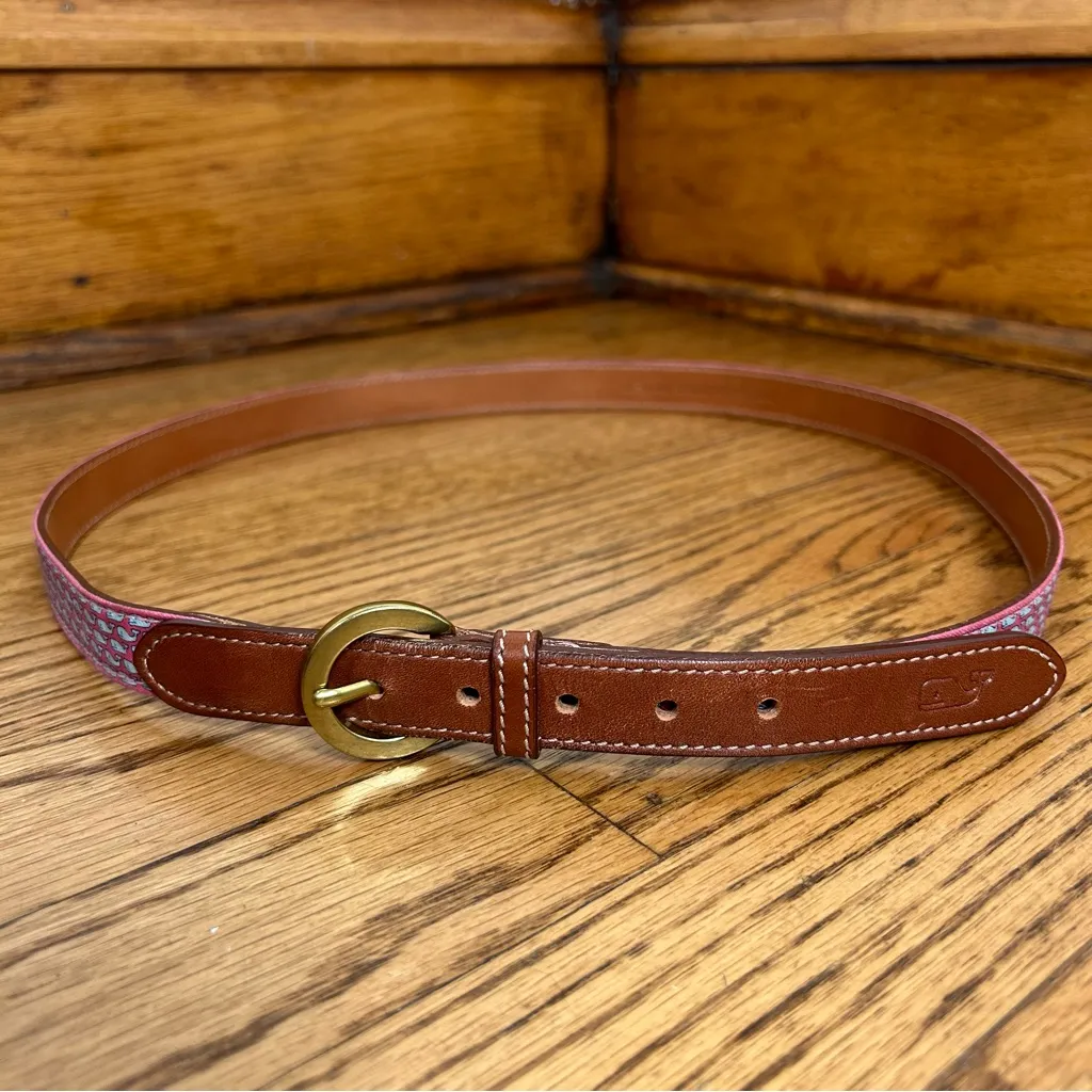 VINEYARD VINES Pink Mini Blue Whale Brown Leather Brass Buckle Belt Size L - Image 3