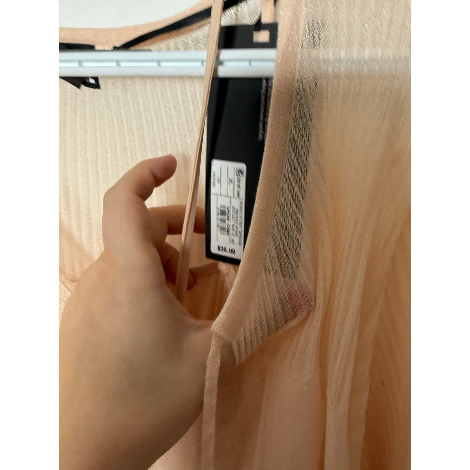 Future Collective Pleated Flowy Boho Sheer Stretch Peach Pink Mini Dress NEW XL - Image 5