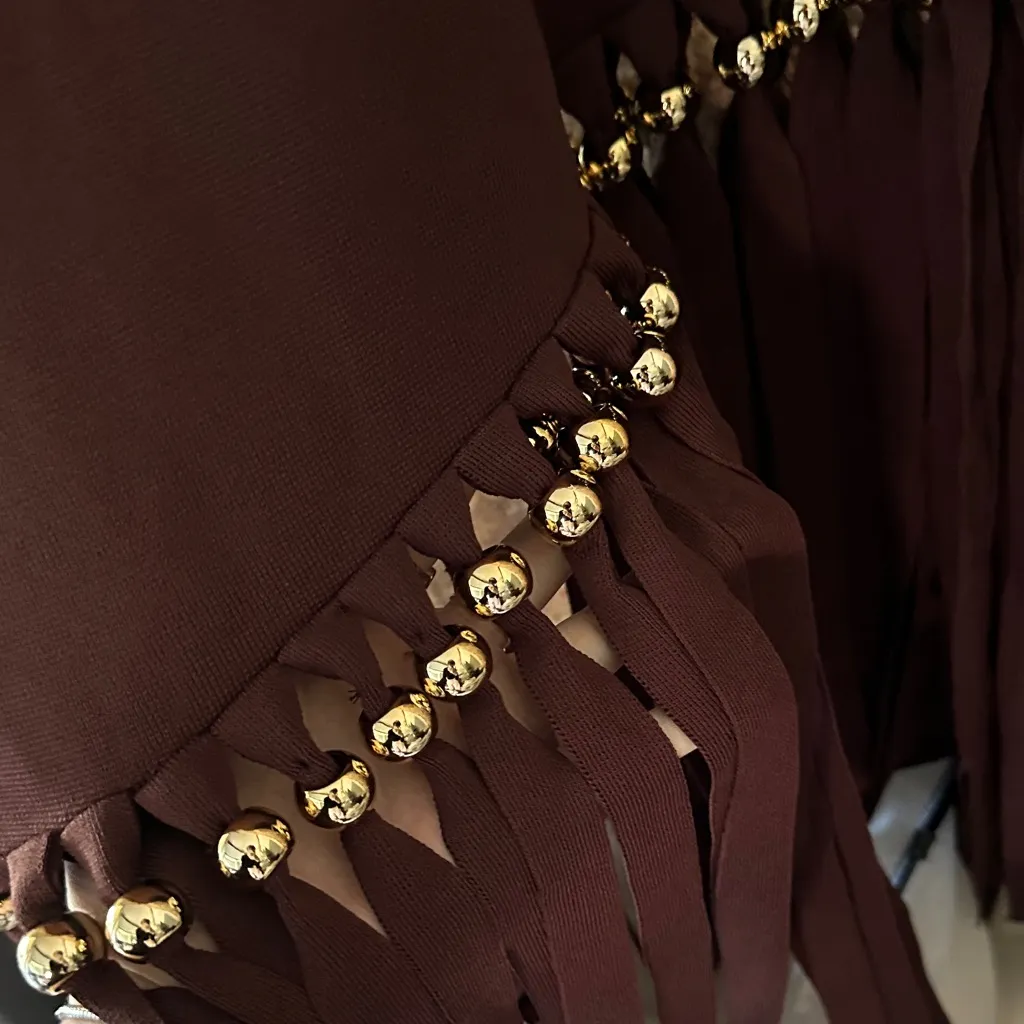 Commense Asymmetric Fringe Metal Bead Detail Maxi Dress size medium Brown - Image 6