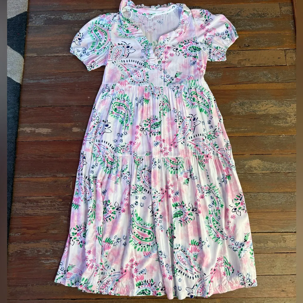 Crown & Ivy White & Pink Paisley Ruffle V-Neck Puff Sleeve Maxi Dress Sz S 💚🍄 - Image 5