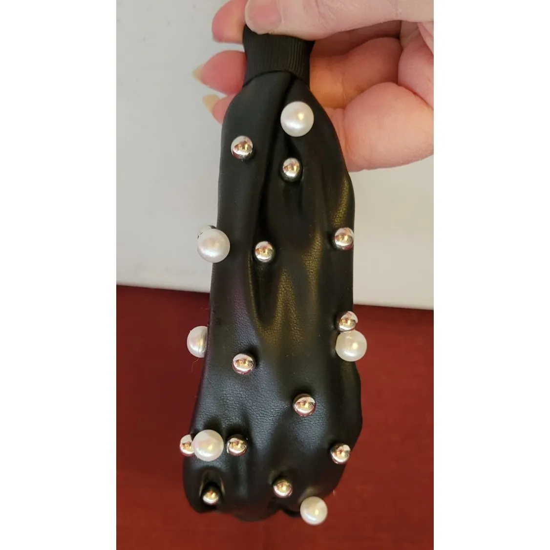 Faux Vegan Leather Knot Headband w/ Pearl‎ & Silver Tone Bead Accents Black - Image 2