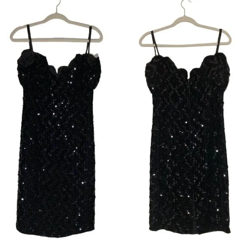 Vintage Zum Zum Black Dress Size Small Velvet Sequin Metallic Short Sleeves - Image 2