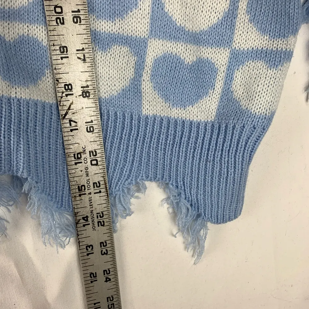 Just Polly women's size XL Blue White heart patchwork checkers Knit Sweater dist - Image 8
