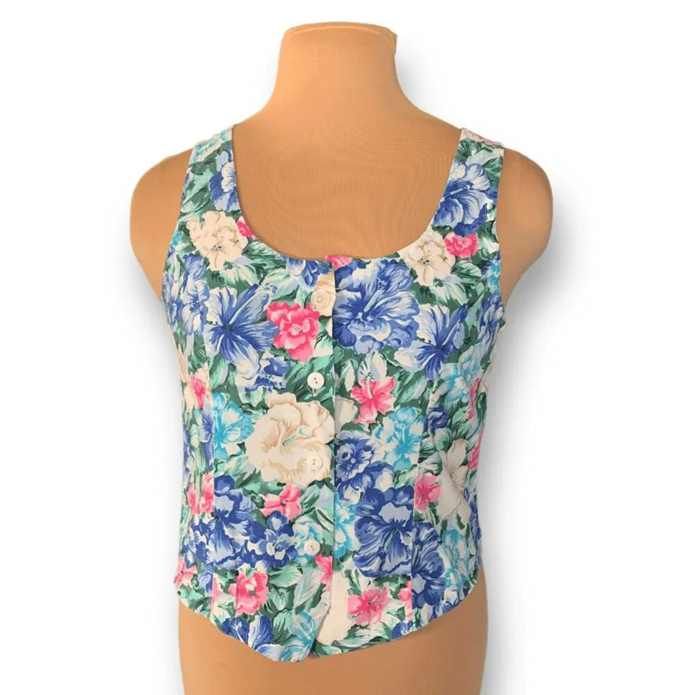 Women’s Vintage Royal Creations Tank Cropped Blue Pink Tropical Flower Scoopneck Size XL - Image 13