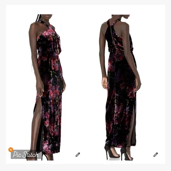 Aidan Mattox Velvet Floral Halter Maxi Dress Size 8 - Image 2