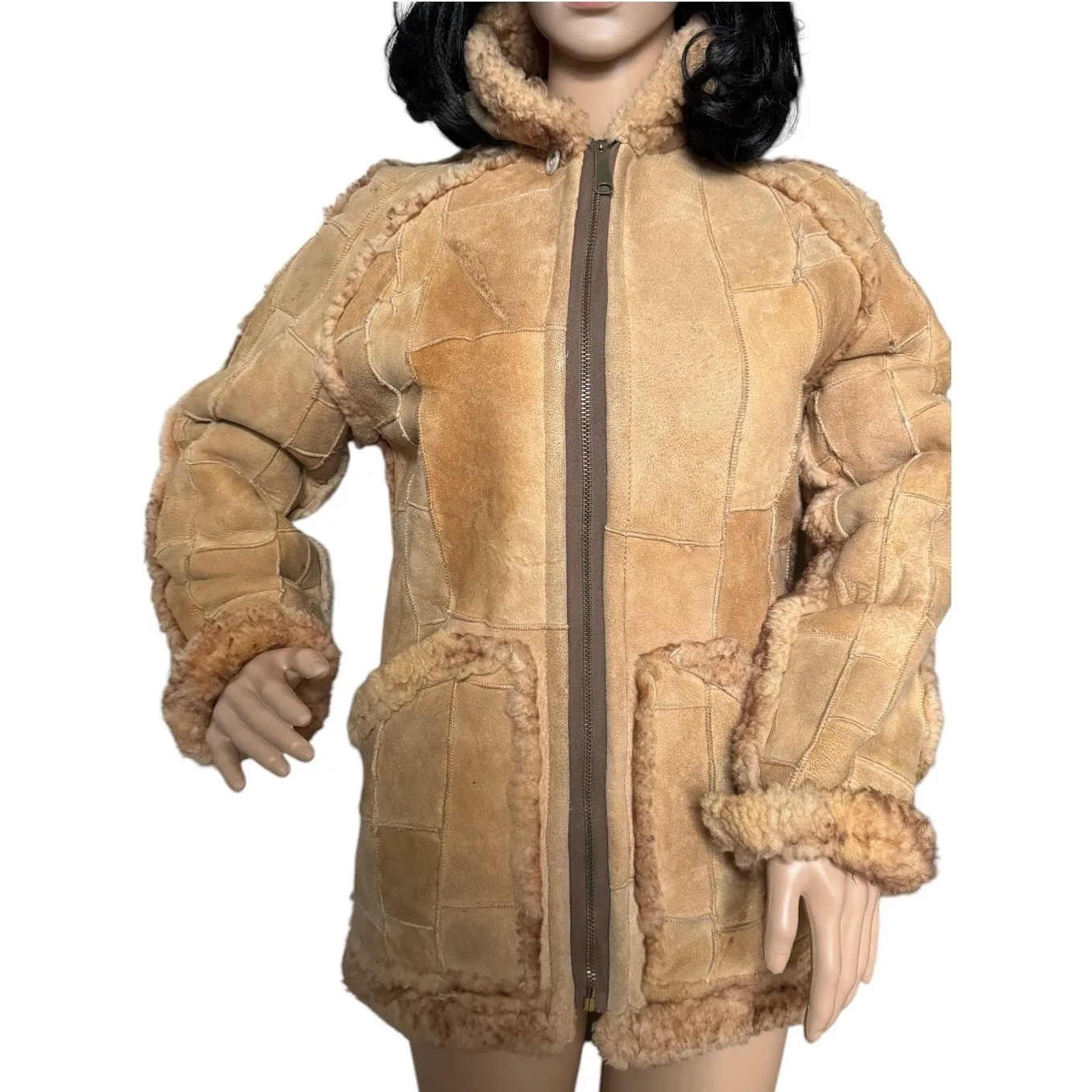 1970s Unbranded Patchwork Shearling Hooded reversable Coat size small - Image 6