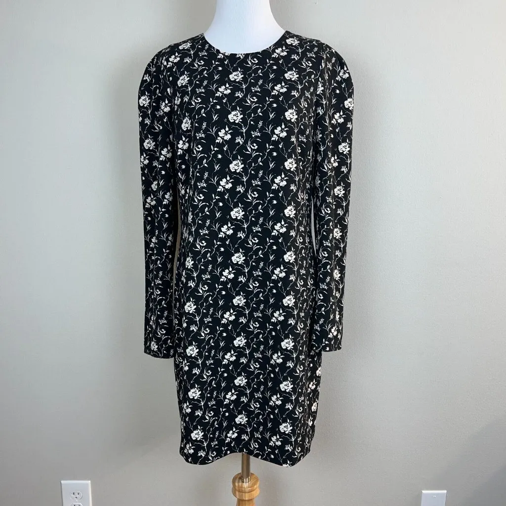 Club Monaco Dress 8 Black White Floral‎ Long Sleeve Kaisle Sheath Above Knee - Image 2