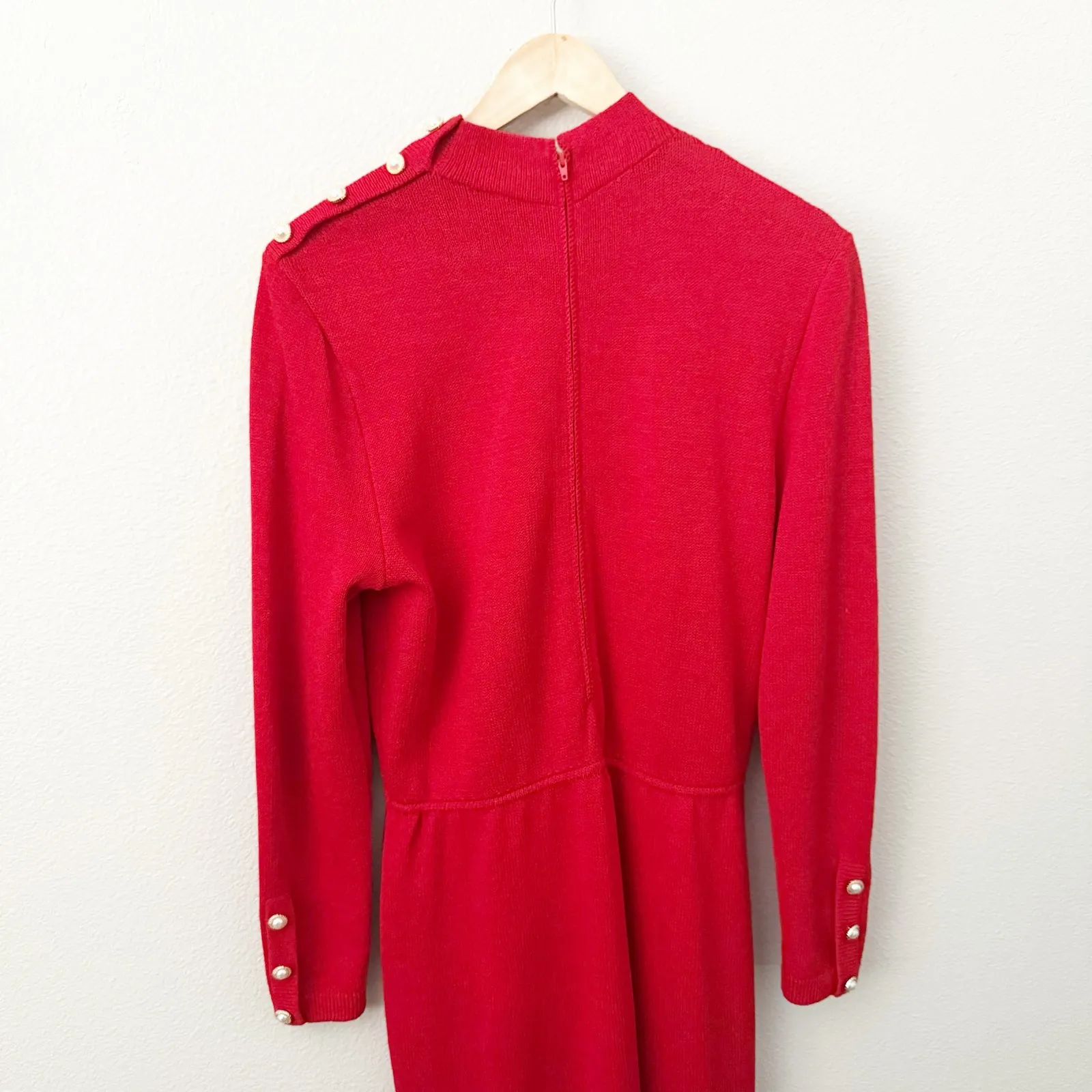 ST. JOHN | Red Knit Dress Pearl Button Vintage Sweater Mock Neck Long Sleeve | 8 - Image 4