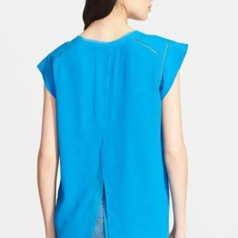 REBECCA TAYLOR Split Back Short Sleeve Crepe Top Size 2 Blue Flowy‎ - Image 8