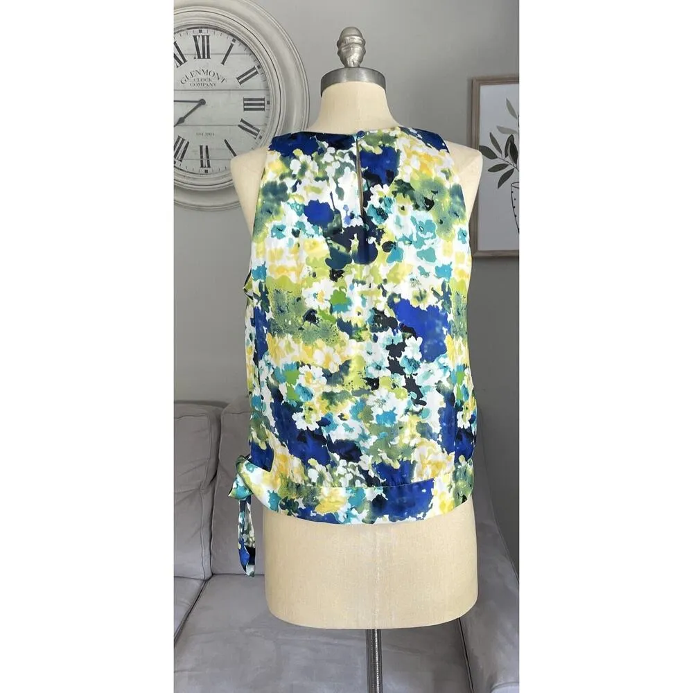 Apt. 9 Top Womens Size PL Blue Green Floral Sleeveless Blouse Pleated Side Tie - Image 4