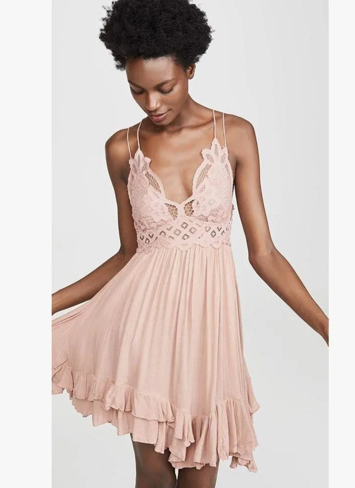 NEW! FREE PEOPLE Adella Slip Dress ROSE Pink Lace Spaghetti Strap Ruffle SMALL - Image 8