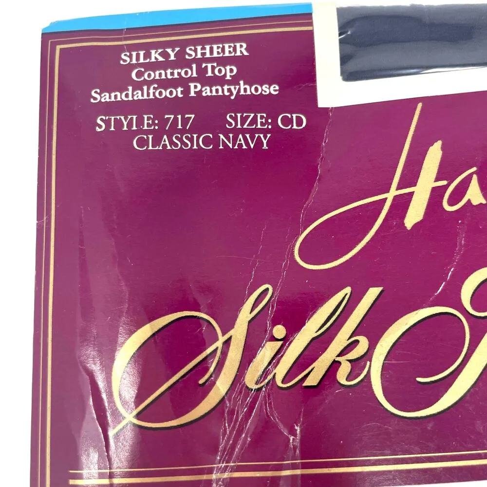 90s HANES Vintage Navy Silky Sheer Control Top Sandalfoot Pantyhose - Image 4