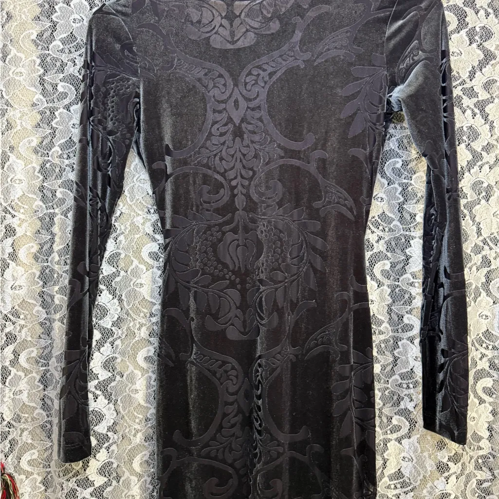 NWOT Symphony dark gray Backless Long Sleeve Dress burnout velvet paisley sheer - Image 2
